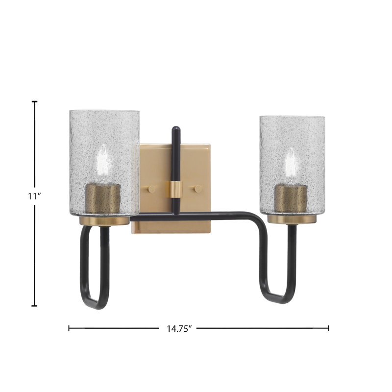 Barre d'éclairage de salle de bain 2 lumières Amarmula, noir mat et laiton vieilli, verre bullé 4 po, Transparent/noir