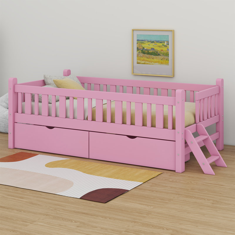Lit plateforme en bois avec garde-corps et 2 tiroirs, Rose