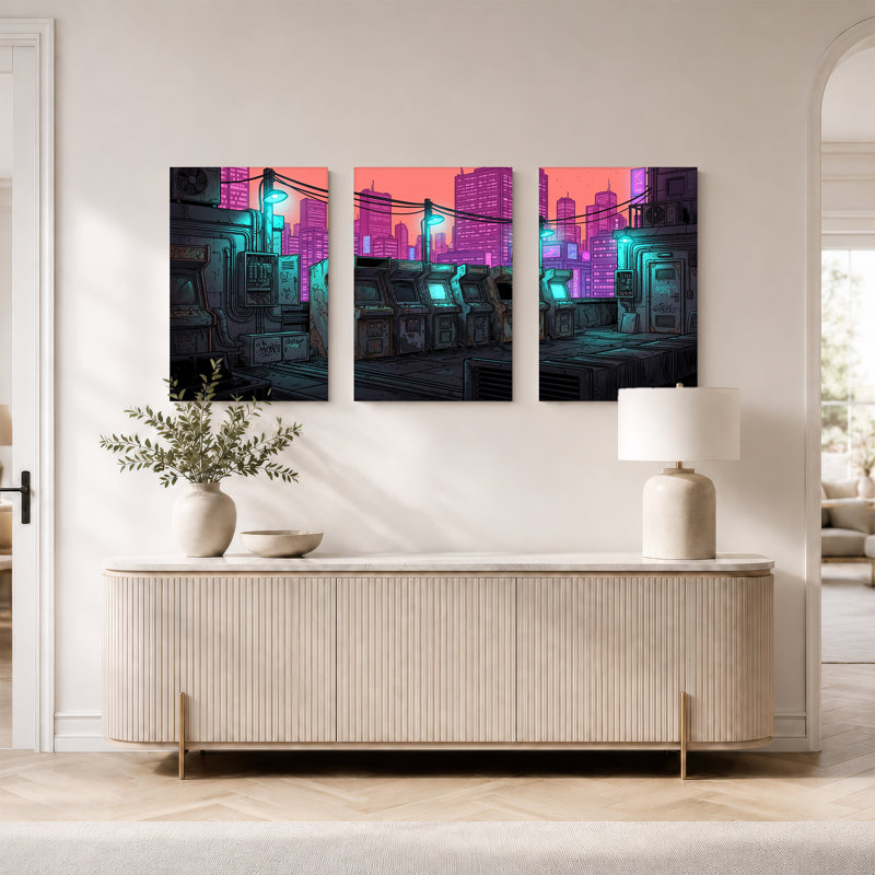 Ensemble de 3 toiles Cyberpunk Rooftop Arcade avec Neon City Skyline, H 24 po x l 16 po x 3 pièces