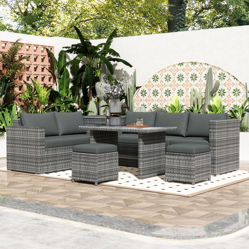 6-Piece Outdoor Sectional Sofa Set with Adjustable Backrests, Spacious Storage and Glass-Top Table, Grey