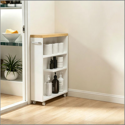 Organisateur de salle de bain moderne avec roulettes, compact et durable pour les espaces étroits, idéal pour les articles de toilette et les articles essentiels