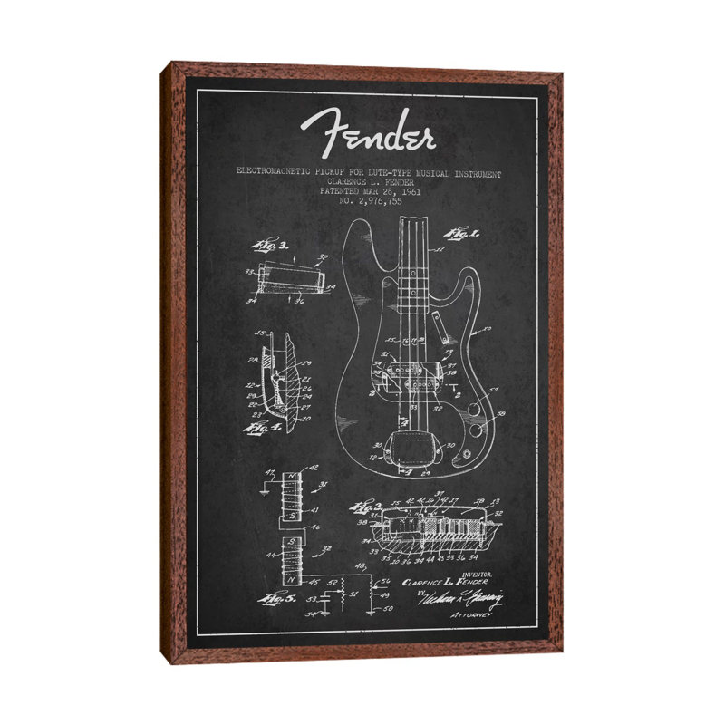 Guitar Charcoal Patent Blueprint 1 Piece Floater Frame Wall Art on Canvas, 152.5 cm H x 101.5 cm W, Brown Framed