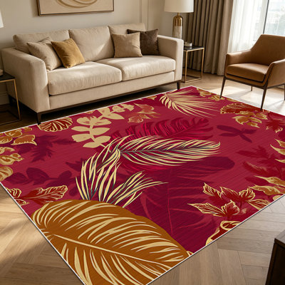 1pièces de tapis à motif de feuilles de palmier tropicales or bourgogne pour le salon, doux et confortable, adapté à toutes les saisons, facile à entretenir, lavable à la machine, tapis de dessous de table convenant à la salle à manger, la chambre à coucher, le vestibule, la cuisine,