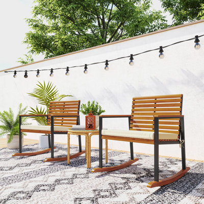 Outsunny Outdoor Rocking Chair Set Of 2, Acacia Wood Outdoor Rockers With Armrests, Cushion, Cream White