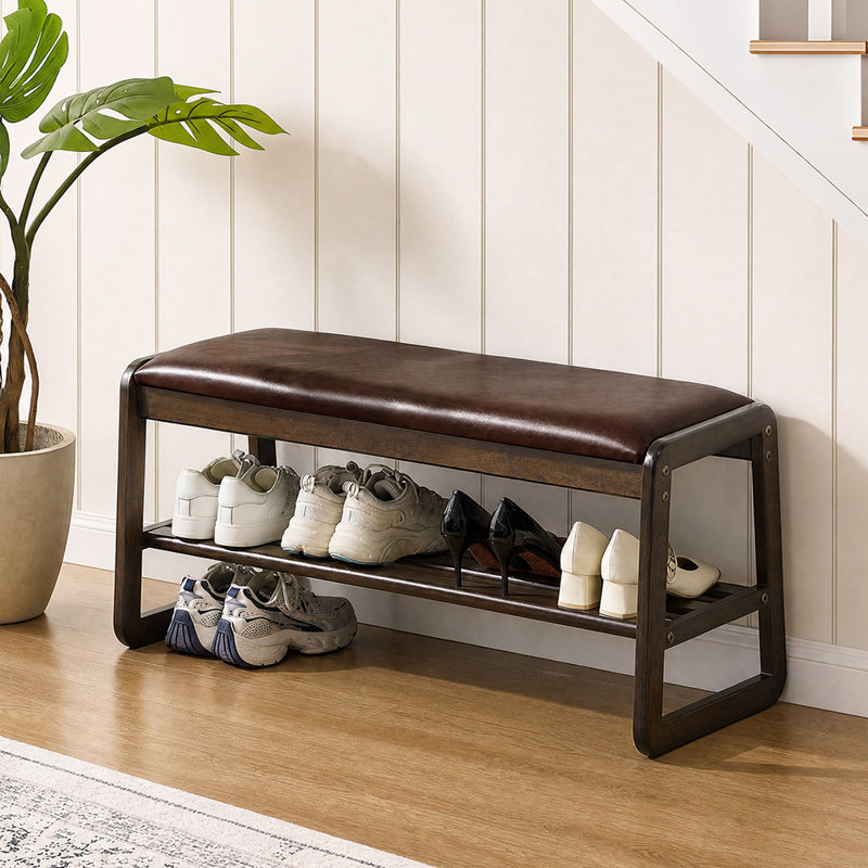  Banc de rangement en bois massif avec coussin et banc de rangement pour hall d'entrée à 2 niveaux, Brown/Faux Leather