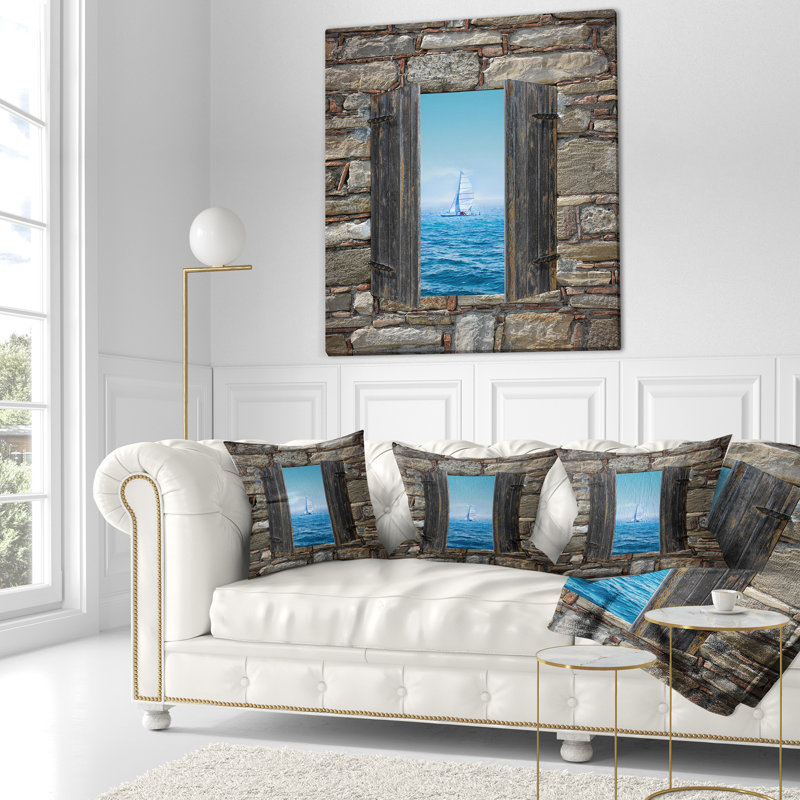 Oreiller imprimé fenêtre et bateau à voile, 16 po x 1 po, Coussin décoratif