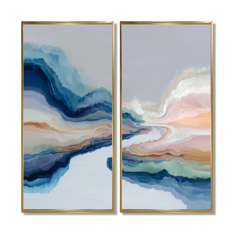 «White Blue River Fragments - Encre liquide, art mural, impression abstraite sur toile blanche 2 pièces, H 32 po x l 32 po