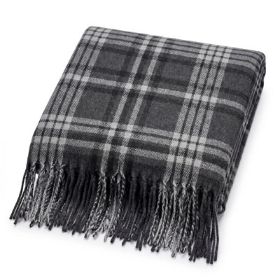 Faux Cashmere Throw Blanket, Charcoal Plaid, 50 x 60 inches - Super Soft & Cozy Knit with Fringe for Couch, Sofa, or Bed - Warm & Lightweight