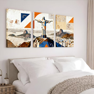 Christ the Redeemer and Rio de Janeiro Cityscape Canvas Wrapped Wall Art, Abstract Geometric Oil Painting Print (Set of 3)