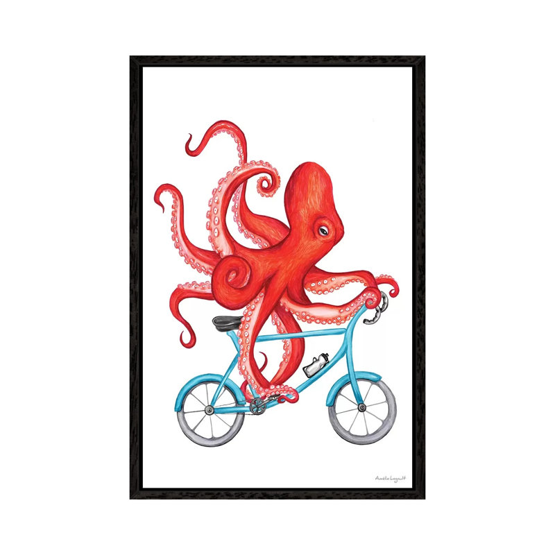 Octopus On Bike by Amélie Legault - Painting on Canvas, 101.6cm H x 66.04cm W x 3.81cm D, Black Floater Framed