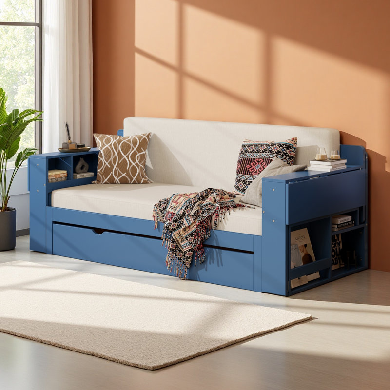 Lit de jour avec bureau amovible, tiroirs de rangement et table d'appoint hydraulique, Bleu, Grand lit