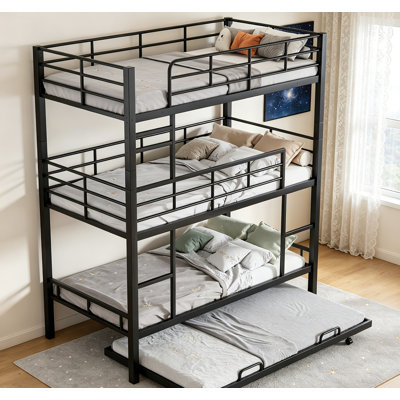 Lit superposé triple en métal durable avec lit gigogne, conception peu encombrante pour les familles à plusieurs membres, noir