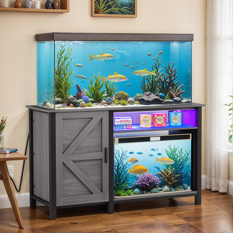 Gray Metal Aquarium Stand Cabinet with RGB Lighting and Power Outlets