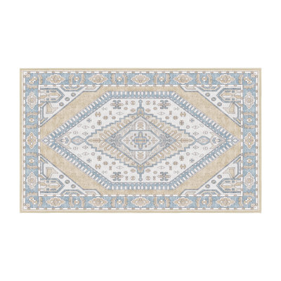 Tapis bleu / beige en chenille / polyester tissé à la main Marce