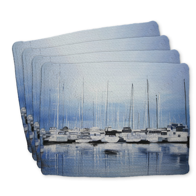 Ensemble de 4 napperons en polyester tressé «Bateaux au quai»