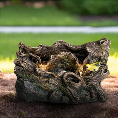 Fountains, 14.1" Tall Rustic Tree Trunk Outdoor Fountain for Garden Patio | Walnut Brown | Concrete / Cement