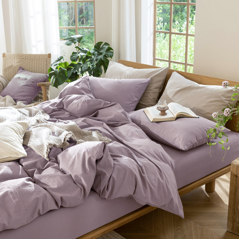 Ensemble de housse de couette 100% coton délavé MooMee, Housse de couette pour très grand lit et 2 taies , Mauve Taro