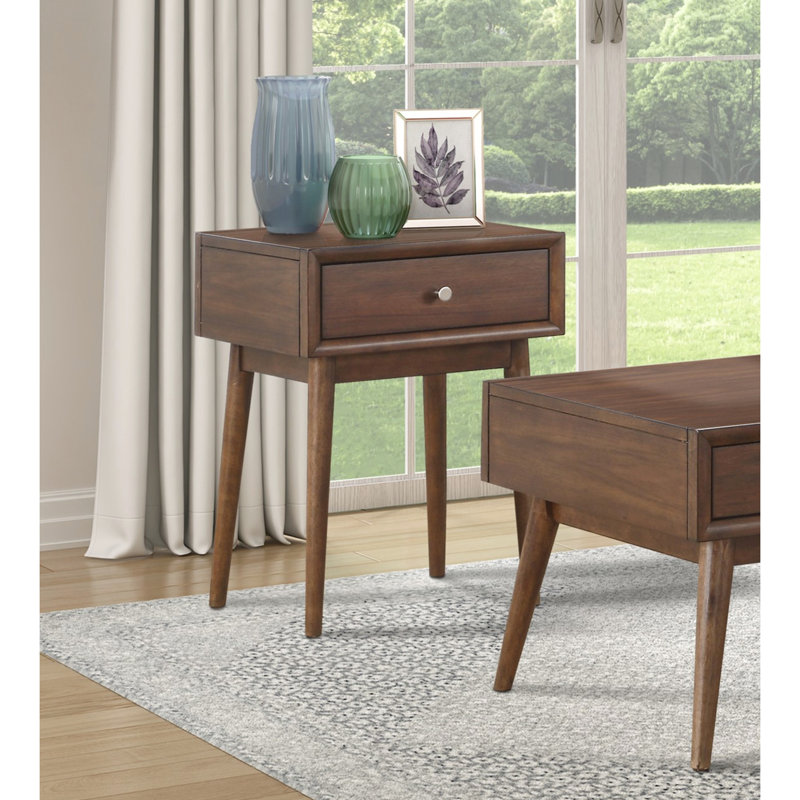 Table de bout 1Pc avec tiroir en brun pour le salon moderne avec bouton en nickel poli Mid-Century