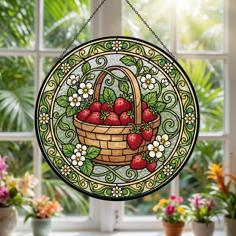 Panneau de vitrail panier Strawberry ， 7,8H, H 7,8 po