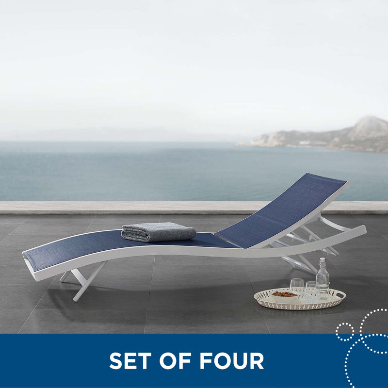 White Navy Mesh Outdoor Chaise Lounger Set with Adjustable Recline
