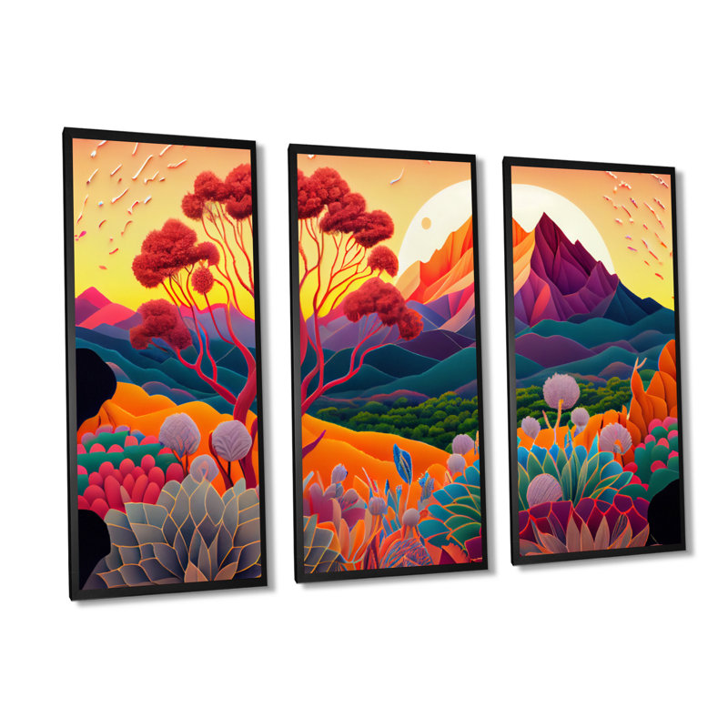 Fleurs colorées pendant l'heure dorée III - 3 pièces sur toile, Toile encadrée noire, H 28 po x l 36 po x P 1 po