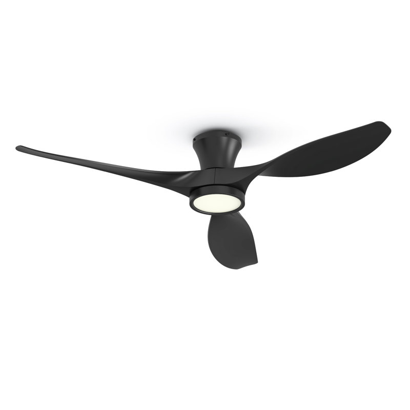 Jacara 52" Flush Mount Ceiling Fan with LED Light & Remote, Black with Black Blades