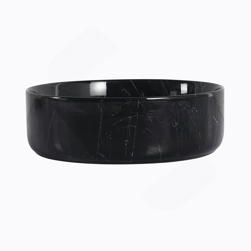 Lavabo de salle de bain rond en céramique sur fond noir avec motifs blancs, Noir / blanc