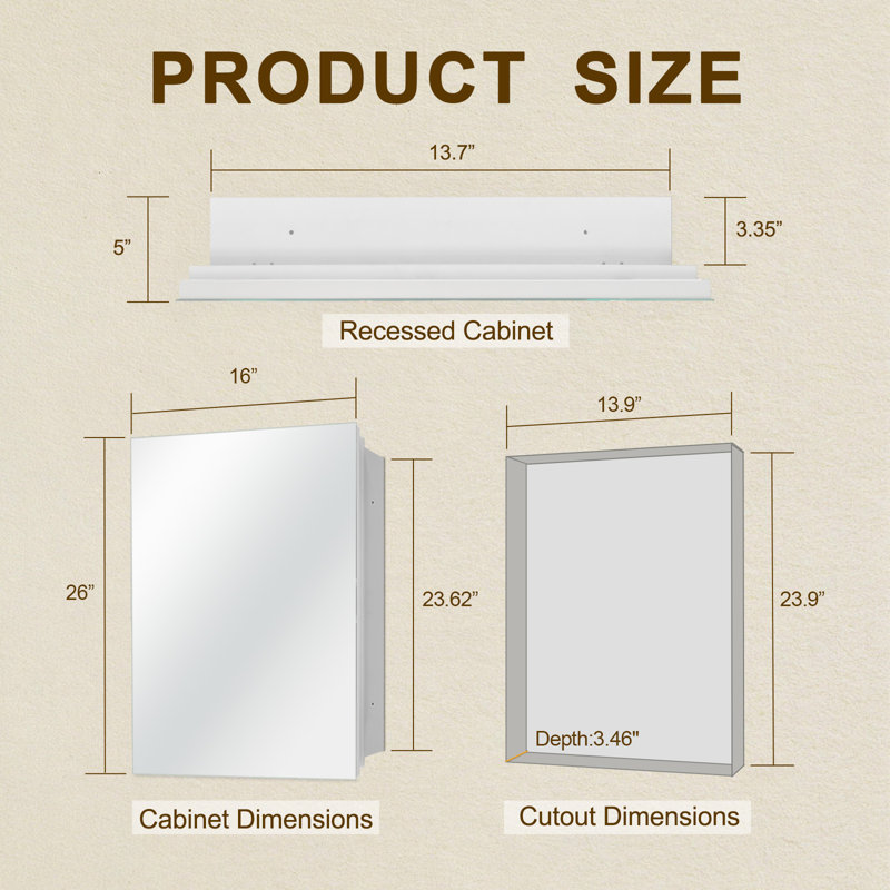  16 x 26 Inches Frameless Bathroom Medicine Cabinet With 3 Glass Shelves, Recessed or Surface Mount Installation, No Assembly Required (White)