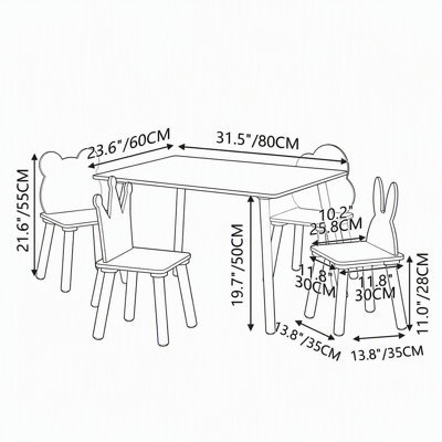 Ensemble de 5 pièces comprenant une table et 4 chaises en bois pour enfants, table de jeu surélevée pour les tout-petits, idéale pour étudier et jouer.