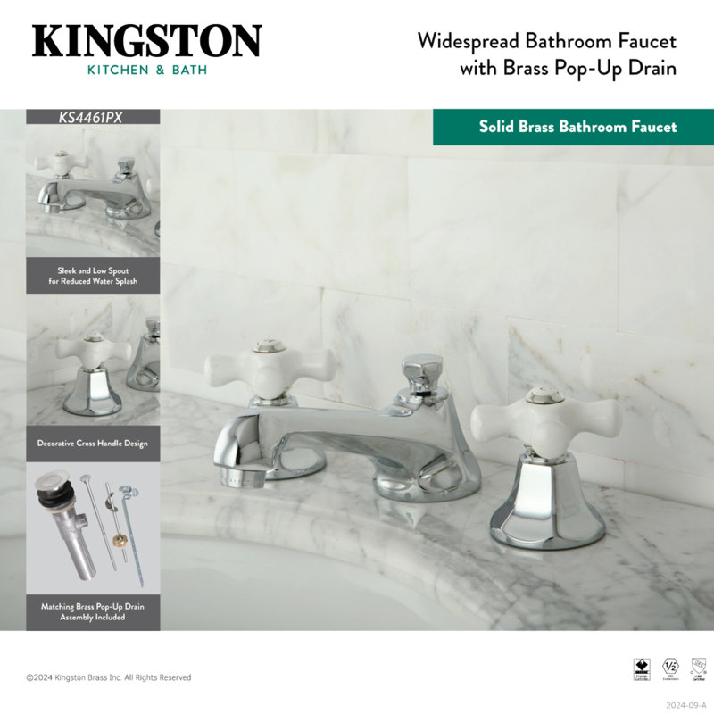 Kingston Brass Metropolitan Two-Handle 3-Hole Deck Mount Widespread Bathroom Faucet with Brass Pop-Up Drain, Polished Chrome