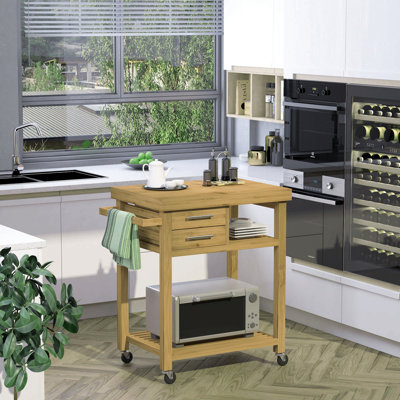 Îlot de cuisine en bambou sur roulettes, chariot utilitaire avec 2 tiroirs de rangement et tablettes ouvertes, ton bambou