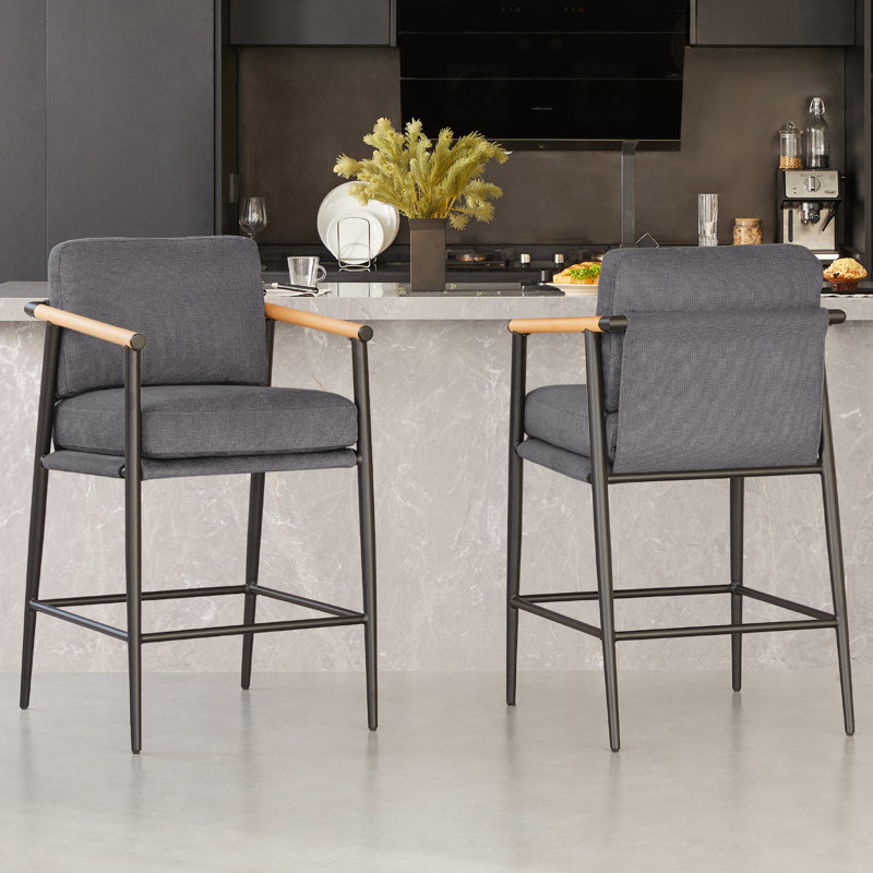 Gray Upholstered Counter Stools with Metal Frame and Wooden Armrests, Set of 2