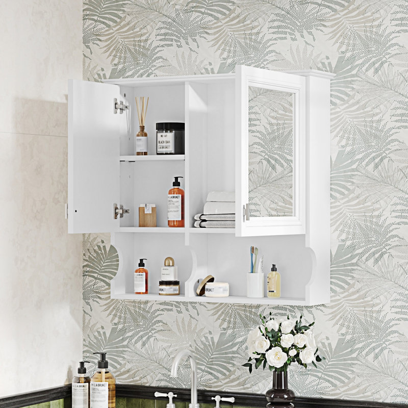 Armoire à pharmacie de salle de bain avec miroir et tablettes ouvertes, Blanc