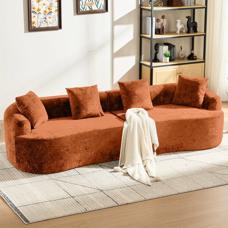 Courbe, chenille orange, 3 coussins, assise profonde idéale pour les appartements, aucun assemblage requis, mousse à mémoire de forme - pour de longues séances d'assise confortables, même dans les petits appartements.