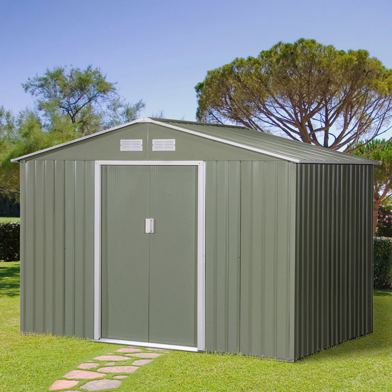 Remise de rangement extérieure 9 pi x 6 pi, maisonnette de jardin avec fondation, 4 évents et 2 portes coulissantes faciles pour la cour, le patio, le garage, la pelouse, vert