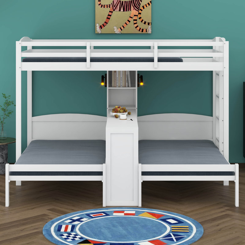 Lit superposé simple au-dessus de simple et simple avec bureau et tablettes de rangement, cadre de lit superposé triple en bois peu encombrant avec éclairage DEL