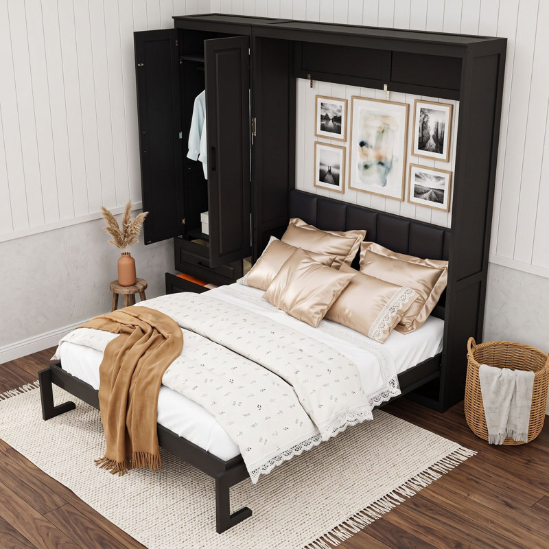 Grand lit escamotable tout-en-un avec tête de lit tapissier, armoire de rangement et tiroirs, Black