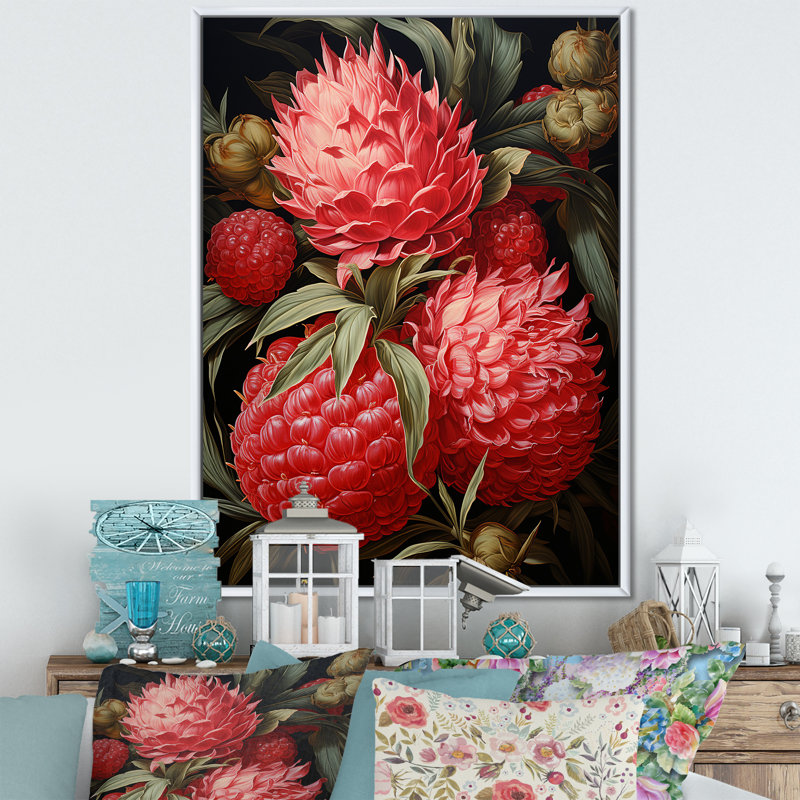 «Rustic Ruby Flower Impression II», art mural fleurs, H 40 po x l 30 po x P 1,5 po, Cadre simple argenté