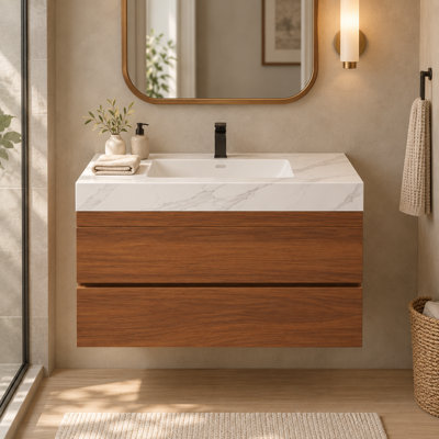 Meuble-lavabo moderne flottant 30 po avec plateau en pierre frittée, finition chêne naturel, miroir DEL sans cadre, pré-assemblé pour un luxe compact