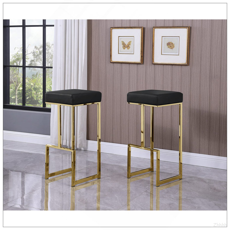 Ensemble de 2 tabourets de bar 31 po en simili cuir avec cadre en métal plaqué or, tabouret de comptoir sans dossier pour la salle à manger de cuisine, noir