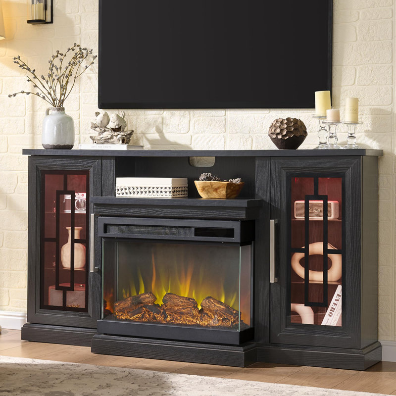 59 Inch Highboy LED TV Stand – 24’’ 3-Side Glass Fireplace, Modern Media Center For 65 Inch Tvs (Adjustable Flame/LED), Adjustable Flame/LED,Black
