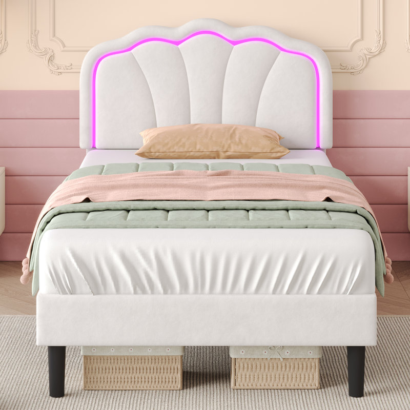 Upholstered Bed With Adjustable Headboard Velvet, White, Single (3')