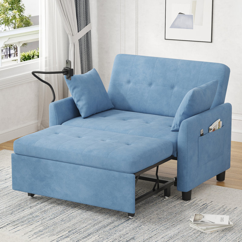 Canapé-lit rembourré 46,5 po, causeuse convertible moderne avec support pour téléphone et poches latérales, Blue