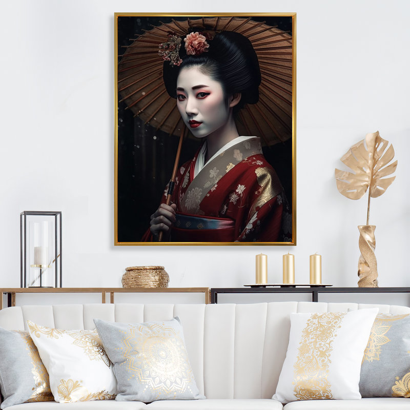 Geisha japonaise élégante en noir et rouge I, Cadre flottant doré, H 20 po x l 12 po x P 1 po