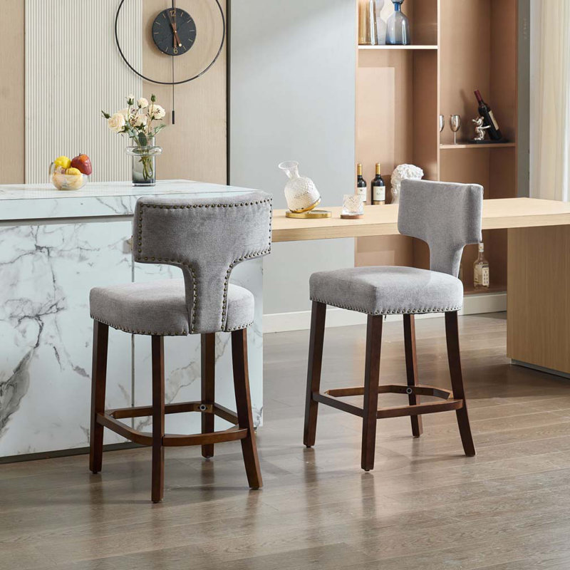 Ensemble de tabourets de bar revêtus de lin avec dossier incurvé, clous en cuivre, Gris