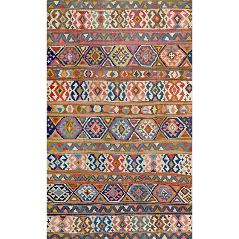 Antique Allover Geometric Wool Flat Weave Multicolor Jewel Tones 1920s Rug