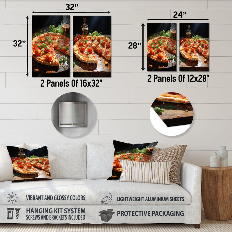 «Tomato Pizza and Beer Passion», ensemble de 2 reproductions d'art en métal sur pizza, H 32 po x l 32 po