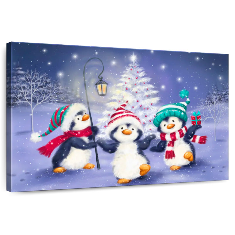 Trois pingouins avec arbre de Noël, H 16 po x l 24 po