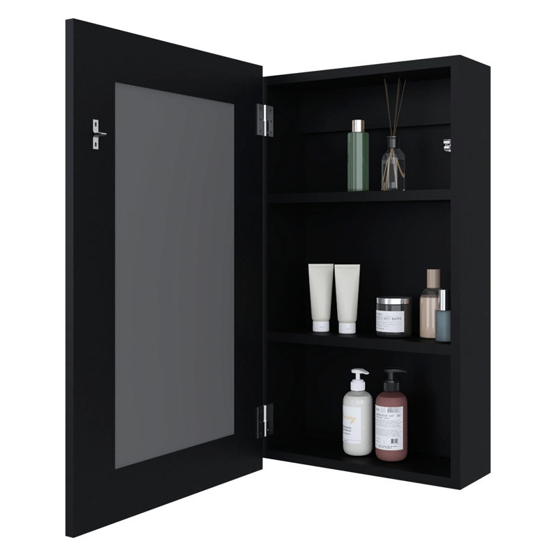 Armoire à pharmacie noire avec miroir et 3 tablettes, idéale pour la salle de bain, Noir, H 26,06 po x l 15,23 po x P 5,11 po