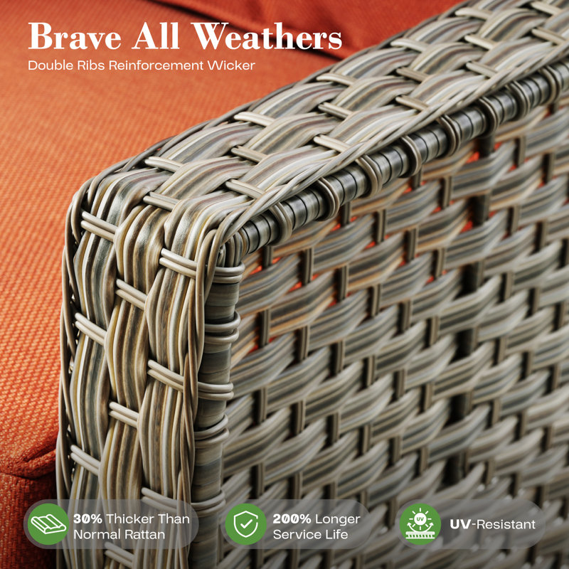 Emanuell 2 - Person Outdoor Wicker Chairs, All Weather Rattan Chairs 2-Seater with Comfy Cushions, Tangerine Red